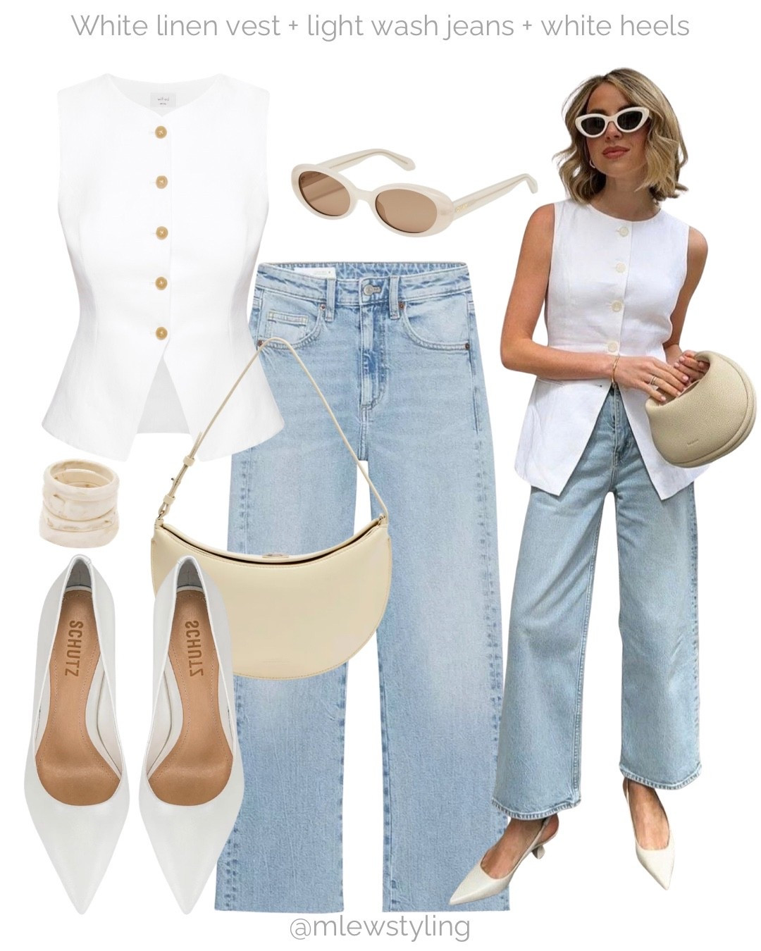White pumps styled for spring & summer 🤍

Inspired by @withameliataylor 💞
Tags: spring to summer transitional outfit, Aritzia white linen vest, Zara light wash jeans, schutz heels, neutral aesthetic, capsule wardrobe

#LTKjeans #LTKshoes #LTKstyletip