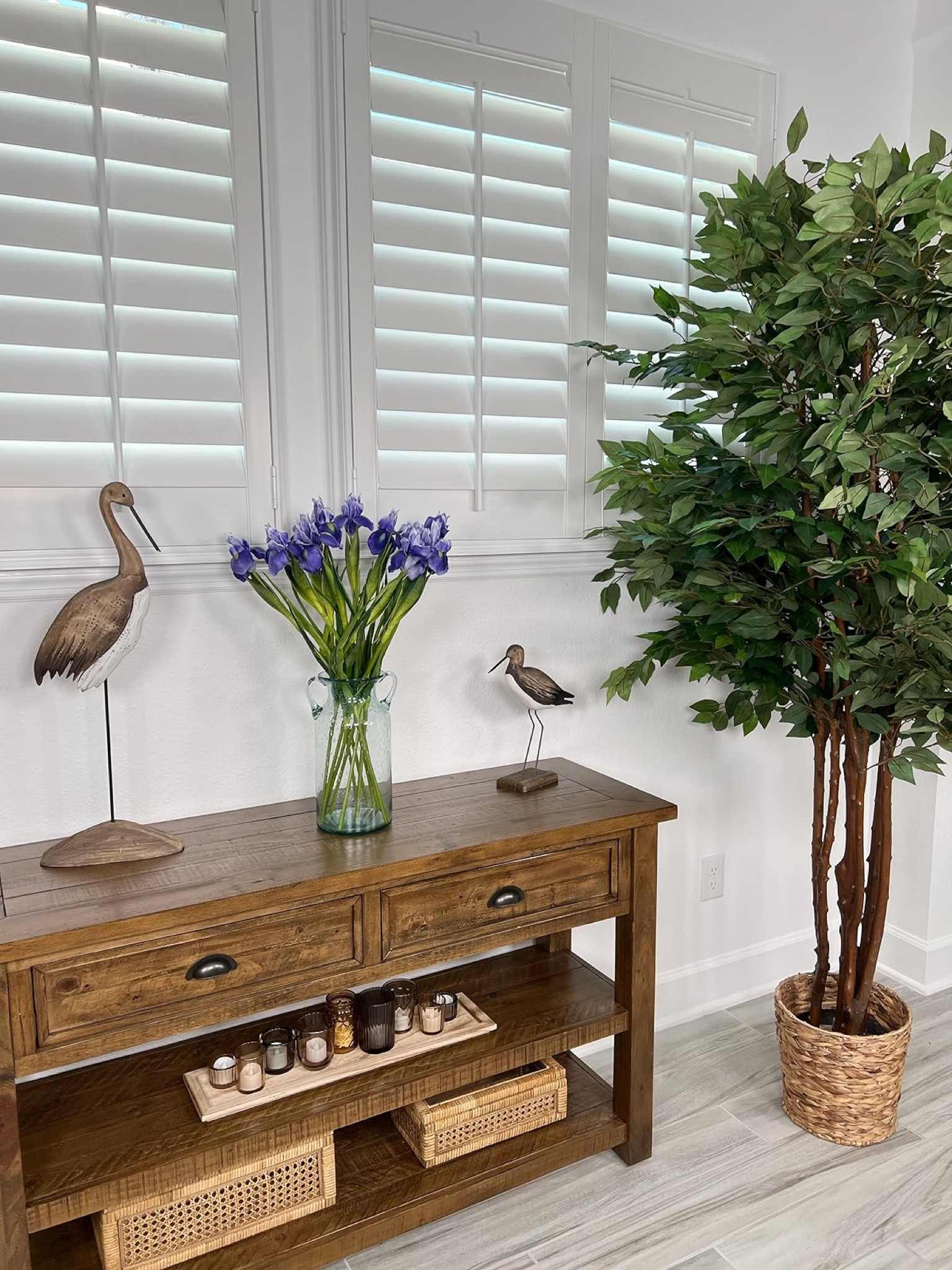 Pretty Wood Console and Deluxe Ficus Tree and The Best Faux Iris Ever for a Pop of  Purple! #interiordesign #homedecor #flowers #Iris #fauxiris #fauxflowers #console #consoletable #birds #crane #decorativebox #home #amazonhome #amazon #founditonamazon 

#LTKHome