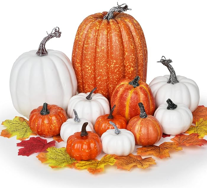 12Pcs Thanksgiving Artificial Pumpkins Set Clearance, Fall Pumpkins with Maple Leaves for Autumn ... | Amazon (US)