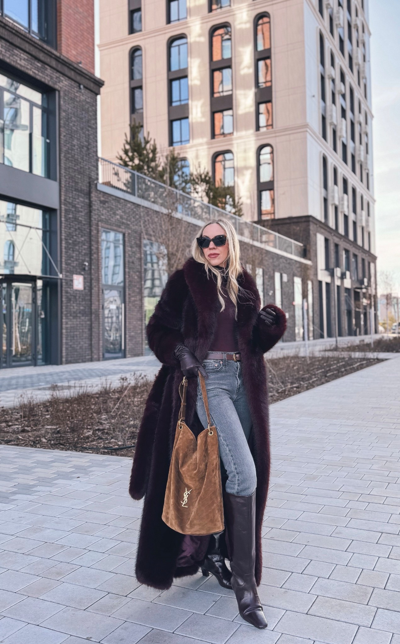 Burgundy faux fur coat, shearling coat, Levi’s slim leg gray jeans, burgundy boots, suede Saint Laurent bucket bag, gray and Bordeaux red outfit 

#LTKFindsUnder100 #LTKSeasonal #LTKOver40