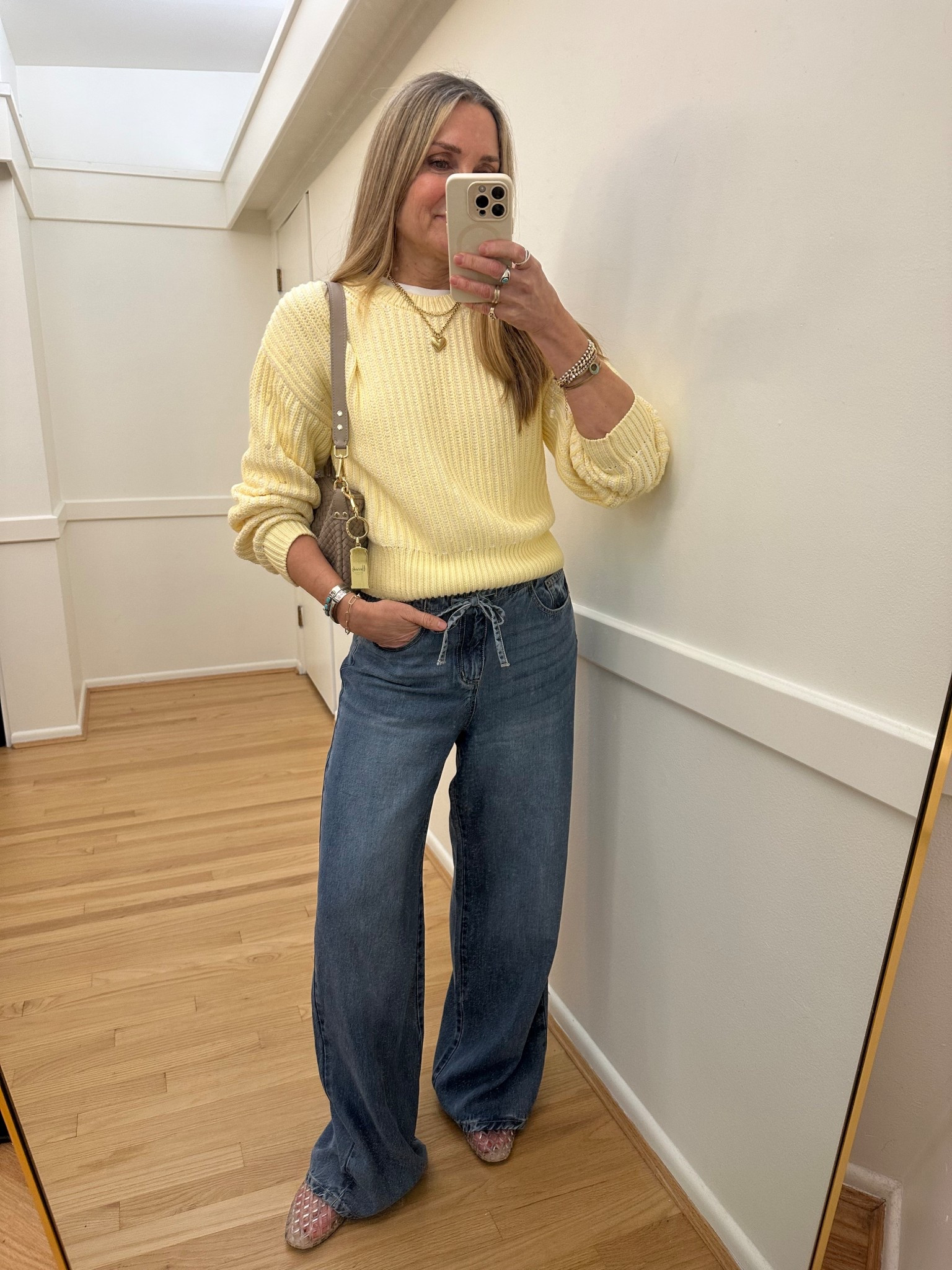 What I wore to a casual girls’ night!

@gapstyle yellow sweater, @Splendid drawstring denim lounge pants (code JK20 ), and jelly sandals. 

#LTKSaleAlert #LTKOver40 #LTKootd