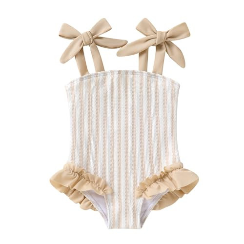 Happy Town Toddler Swimsuit Girl Solid Color Stripe One-Piece Baby Bathing Suits (Beige Almond Stripe, 18-24 Months) | Amazon (US)