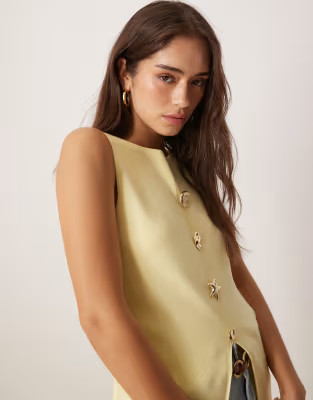 ASOS DESIGN knitted slash neck multi button waistcoat in buttermilk | ASOS (Global)