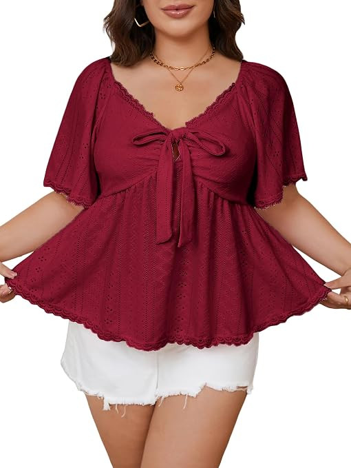 Verdusa Women's Plus Size Babydoll Tops Coquette Flowy Peplum Top Deep V Neck Tshirt Ruffle Cute ... | Amazon (US)