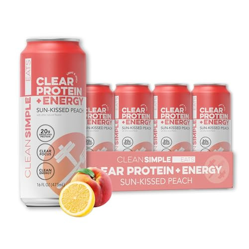 Clean Simple Eats Clear Protein + Energy Drink, 20G Grass Fed Whey Protein Isolate, 100MG Natural Caffeine, L Theanine & Cognatiq, No Artificial Ingredients, Sun-Kissed Peach Flavor, 16 Oz Cans, 12 Pk | Amazon (US)