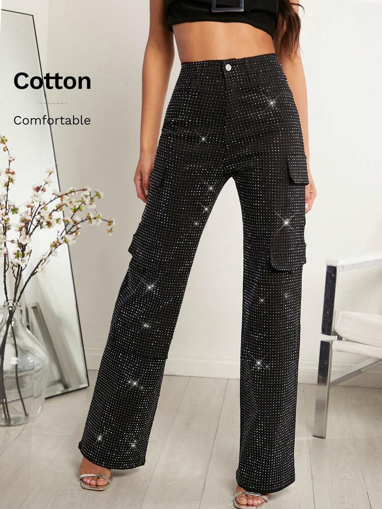 Denimoi Winter Fall Women Clothes, Women's Mid Waist Black Rhinestone Decorated Multi-Pockets Straight Leg Casual Cargo Jeans. For Everyday Wear, Going Out, Concerts, Festivals,Party,Clubwear, Christmas Clothes Women | SHEIN