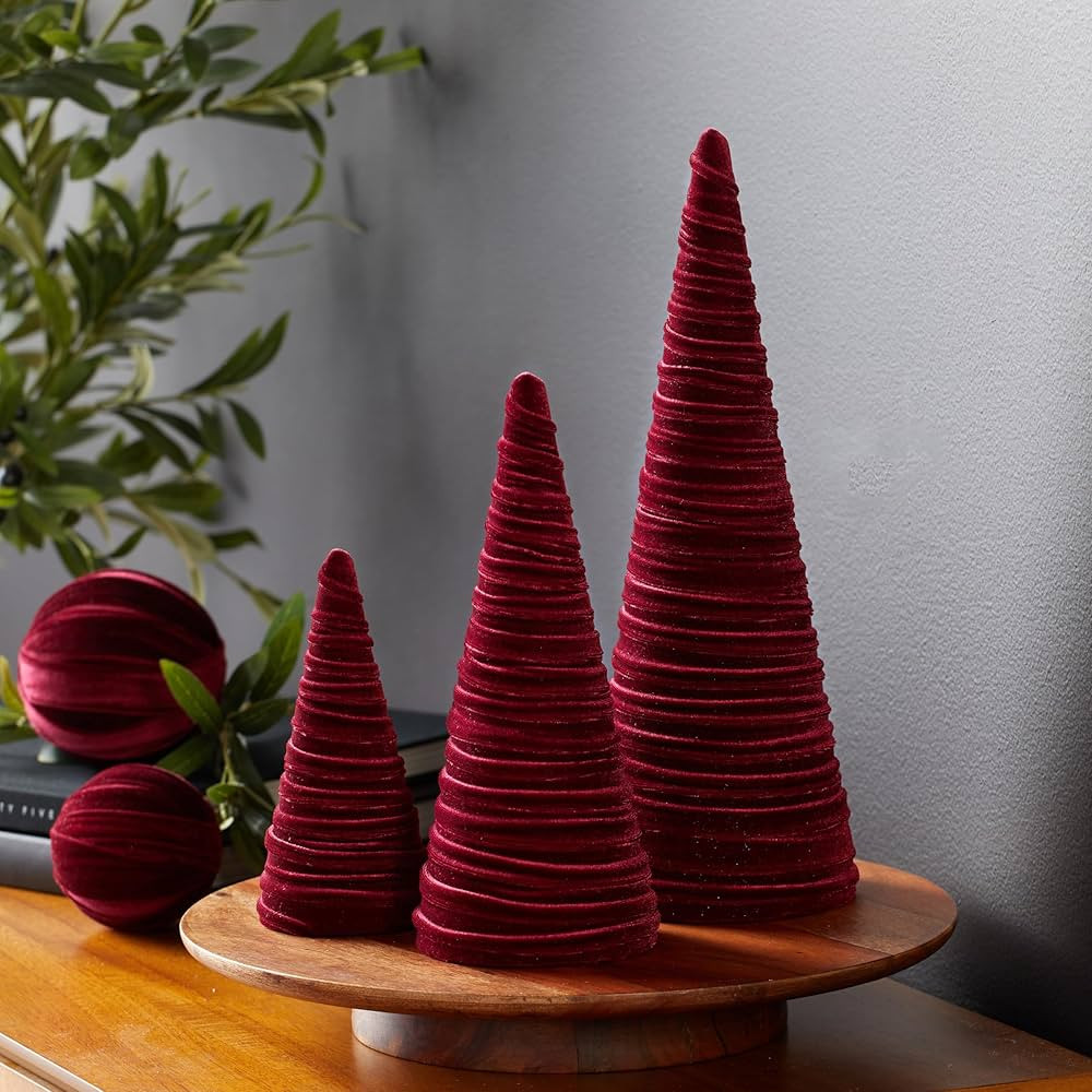 Burgundy Velvet Cones Set of 3, Minimalist Decor, Holiday Entryway, Rustic Winter Home, Farmhouse... | Amazon (US)