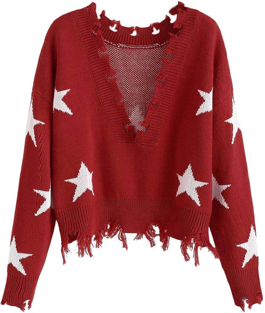 ZAFUL Women's Star Graphic V-Neck Ripped Knit Sweater Frayed Cropped Pullover | Amazon (US)