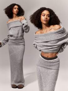 Solid Women Autumn/Winter Off Shoulder  Long Sleeve Top And Midi Skirt Knitted Sweater 2-Piece Se... | SHEIN