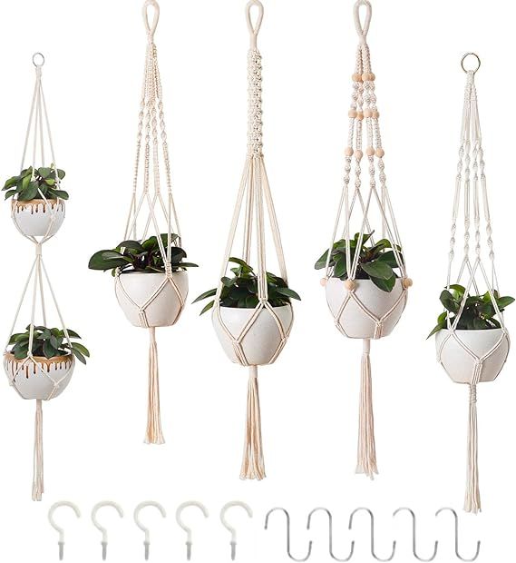 Macrame Plant Hangers, Hanging Planters for Indoor Outdoor Home Decor, with 5 Hooks, 5 Legs, 5 St... | Amazon (CA)