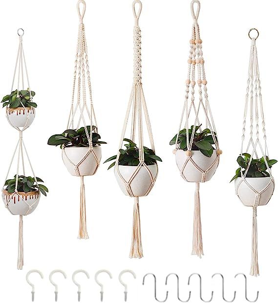 Macrame Plant Hangers, Hanging Planters for Indoor Outdoor Home Decor, with 5 Hooks, 5 Legs, 5 St... | Amazon (CA)