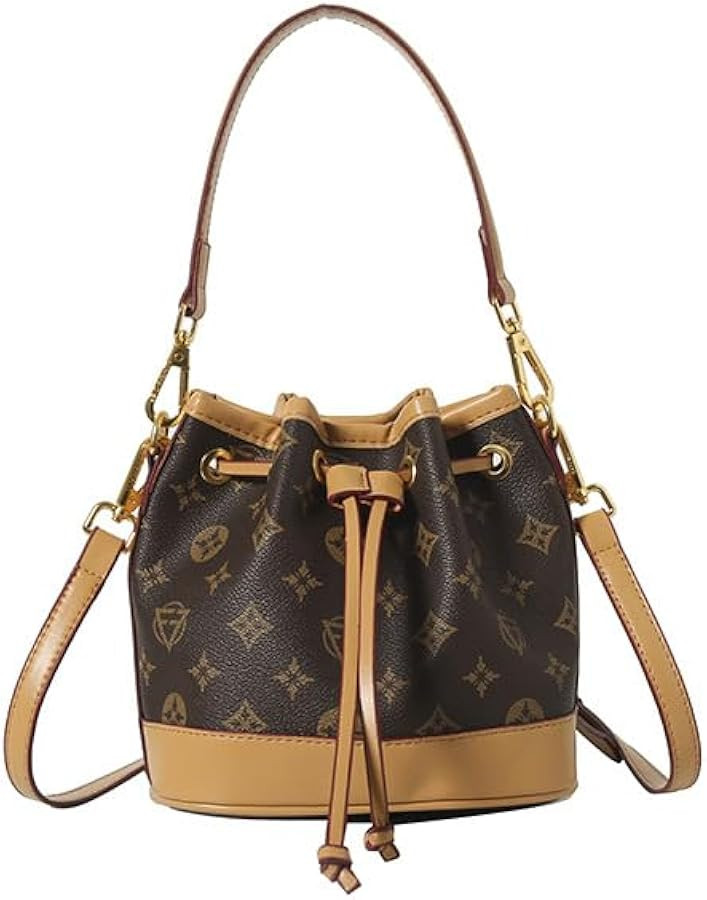 Designer Monogram Bucket Bag, Canvas with Gold Hardware, Drawstring Crossbody Purse, Leather Trim... | Amazon (US)