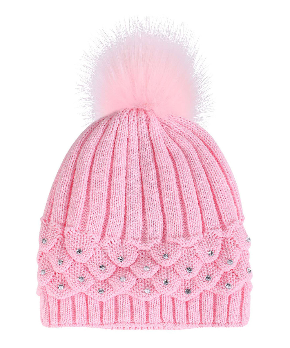 ARCTIC PAW Women's Beanies Pink - Pink Scale-Knit Sequin & Pom-Pom Bean - Women | Zulily