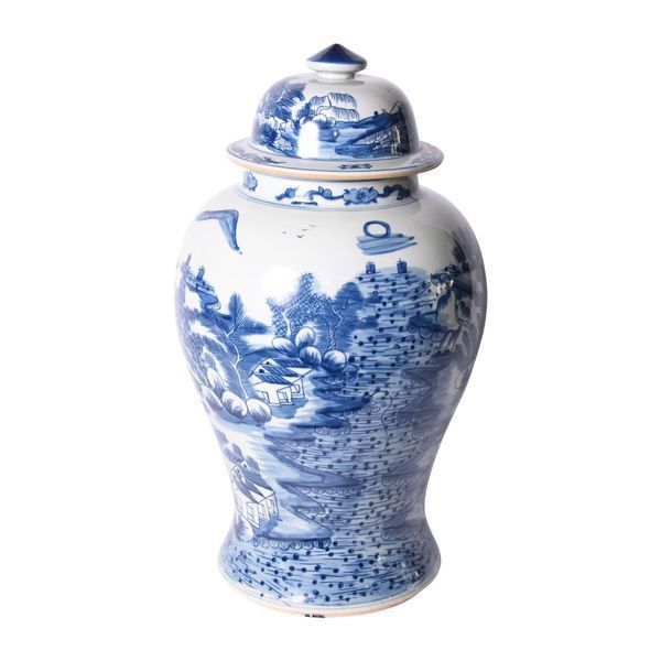 Blue & White Porcelain Temple Jar Landscape Motif | Scout & Nimble