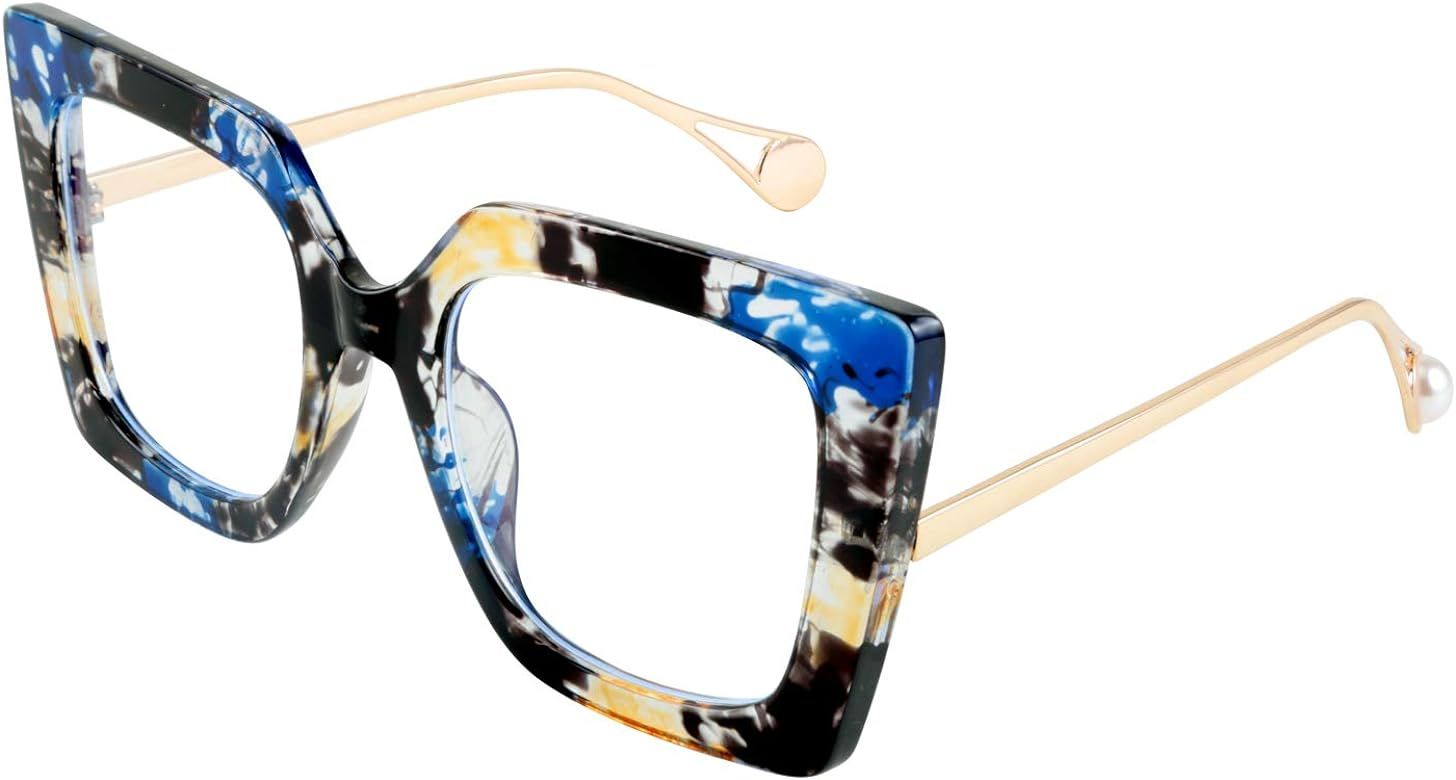 FEISEDY Oversized Square Blue Light Blocking Glasses Eye Strain Glare Pearl Inlay Arm Cat Eye Fas... | Amazon (US)