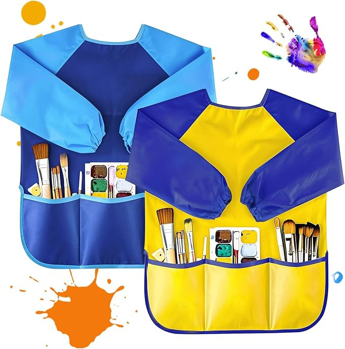 Kids Art Smocks 2 Pack, Toddler Smock Waterproof Artist Painting Aprons Long with Long Sleeve & 3... | Amazon (US)