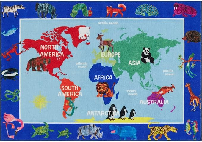 Eric Carle Elementary World Map Kids Machine Washable Area Rug Blue/Red, 6'6"x9'5" | Amazon (US)