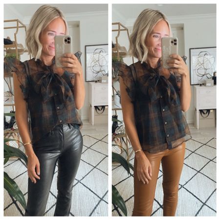 Faux leather black  pants- TTS
Faux leather brown leggings- Run big
Top runs generously as well. In XXS

#LTKstyletip