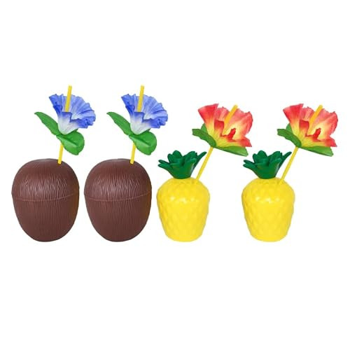 UPKOCH 4pcs Hawaiian Luau Party Cups, Plastic Coconut and Pineapple Drink Glasses with Cute Straw... | Amazon (US)
