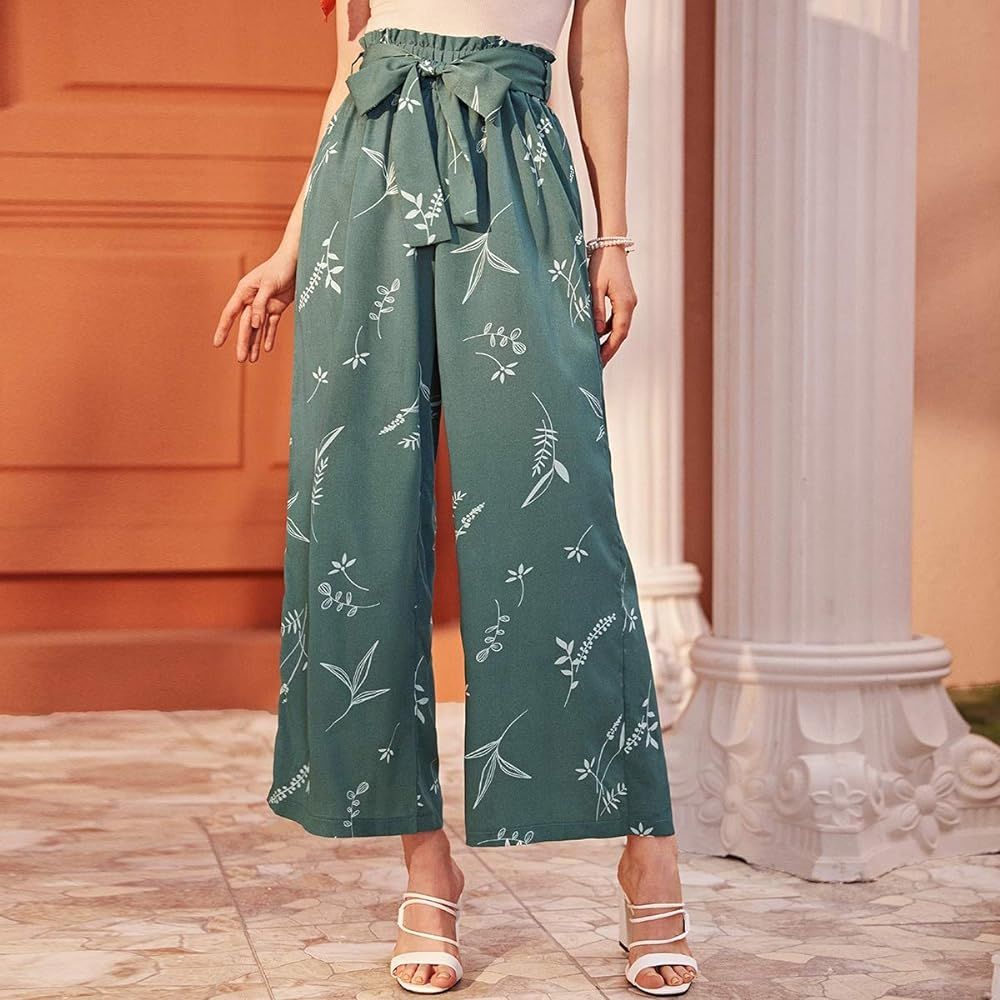 Milumia Women Boho Floral Print Belted Paperbag Waist Wide Leg Palazzo Pants Green | Amazon (US)