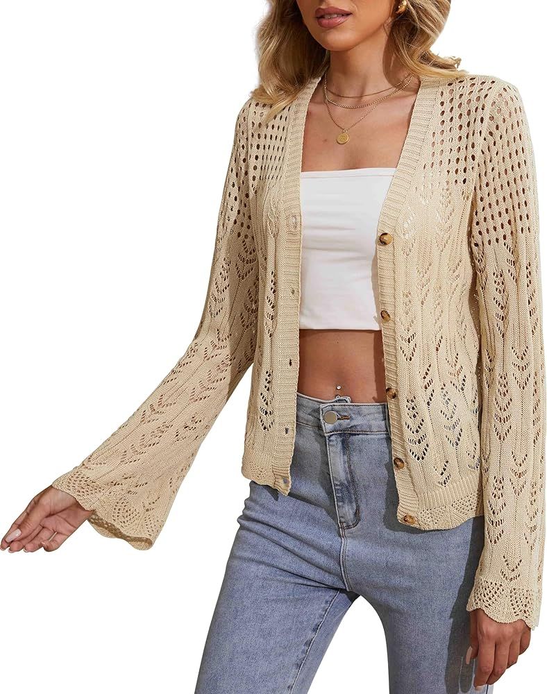 BBX Lephsnt Womens Long Sleeve Cropped Cardigan Sweaters Bell Sleeve Crochet Knit Bolero Shrug V ... | Amazon (US)