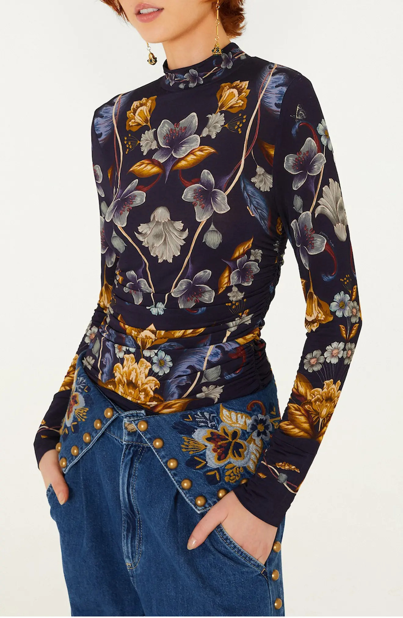 FARM Rio Golden Nature Mock Neck Top in Golden Nature Navy B at Nordstrom, Size Xx-Small | Nordstrom