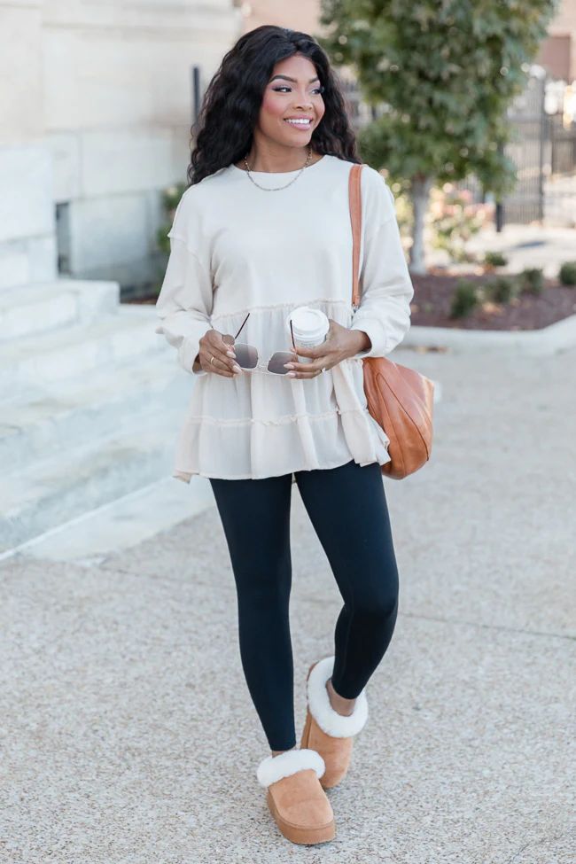 Still Thinking Beige Tiered Waffle And Gauze Top | Pink Lily
