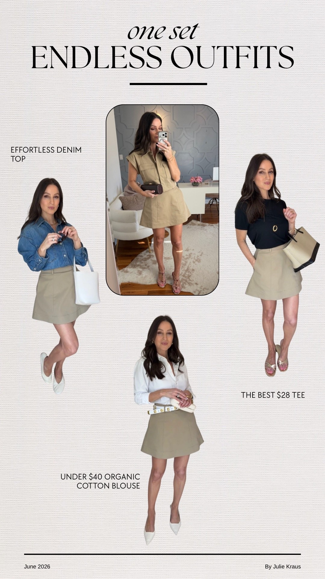 One set — multiple outfits! Took the skirt from this cute 2 piece set and styled a few ways with closet staples! The set runs true to size, the blouse is true to size, t shirt true to size and the denim shirt - size down one!