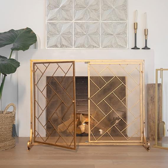 Barton 45" x 33" Fireplace Screen Wrought Iron Mesh 2 Panel Fire Door Cover Spark Guard, Distress... | Amazon (US)