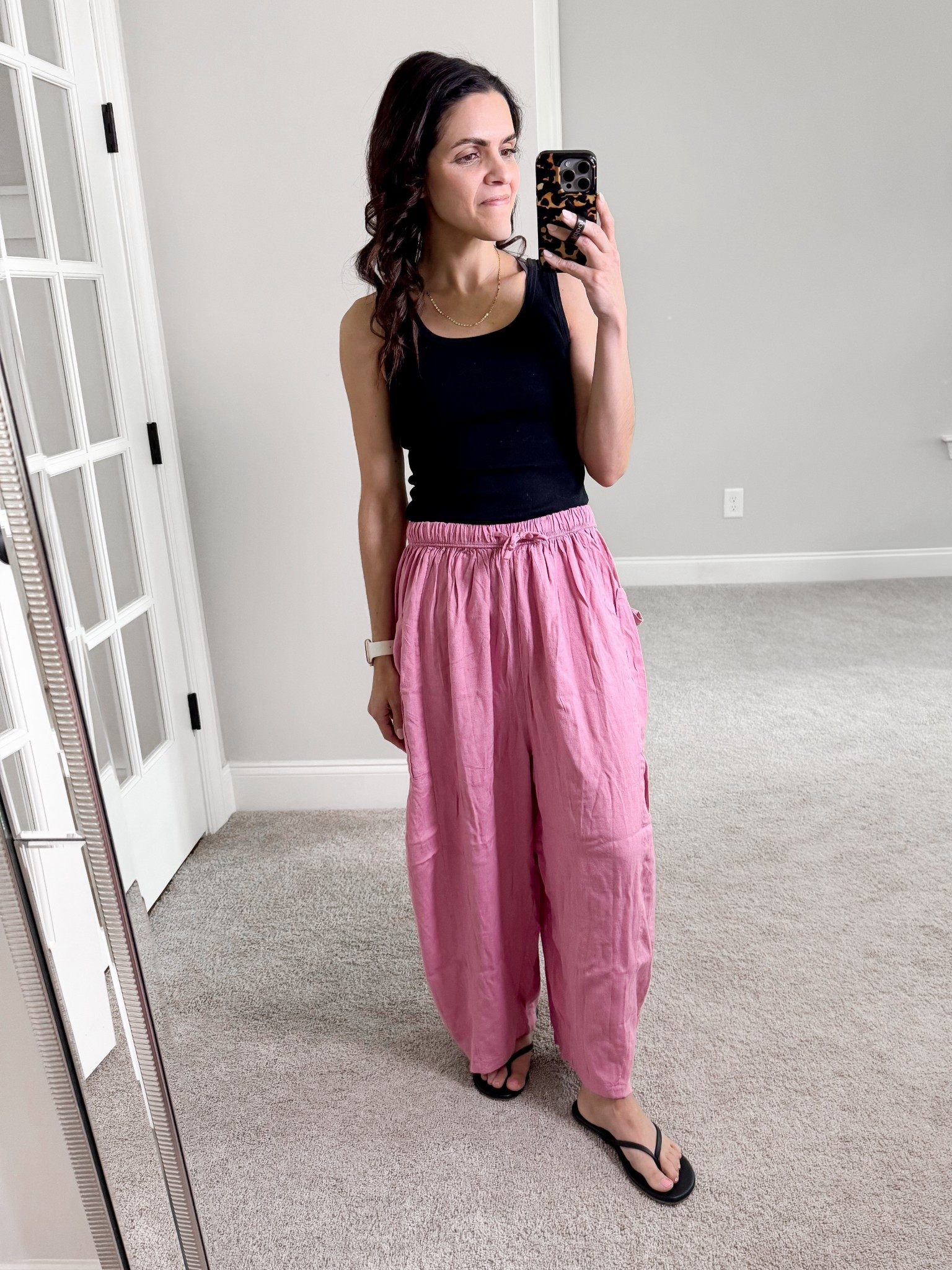 What I wore —
Pink pant: Free People, XS
Black tank: Target, XS
Flip flop sandals: Amazon, tts 

#LTKStyleTip