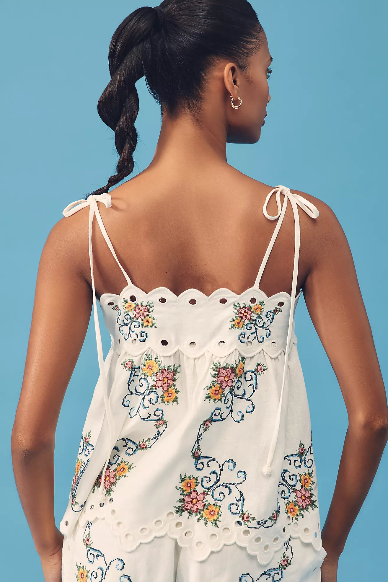 Farm Rio Grandma's Treasure Linen-Blend Sleeveless Eyelet Blouse | Anthropologie (US)
