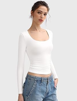 PUMIEY Women's Long Sleeve T Shirts Scoop Neck Slim Fit Going Out Tops Double Lined Basic Tee Smo... | Amazon (US)
