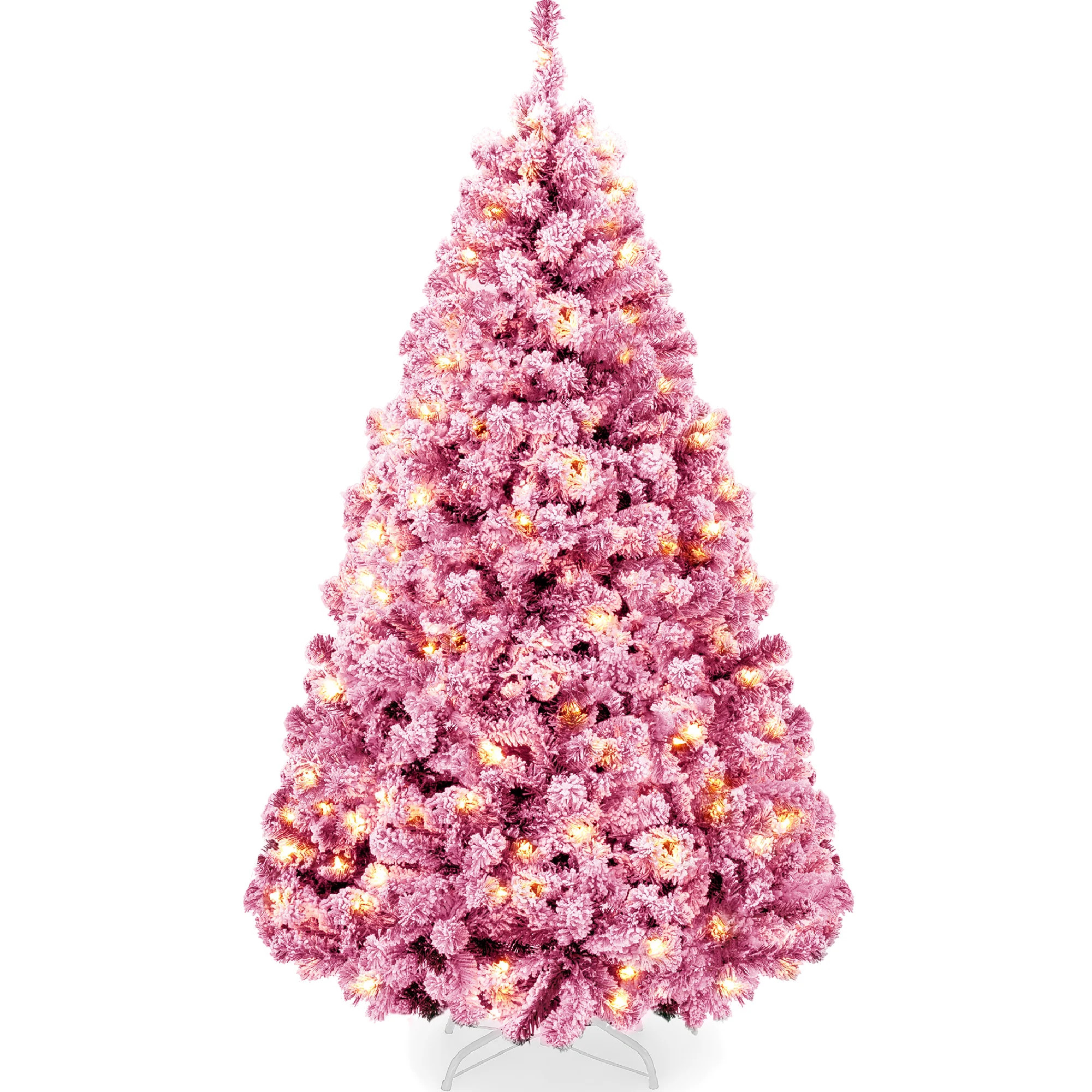 Prelit Pink Christmas Tree, Snow Flocked Full Holiday Decor w/ Metal B | Best Choice Products 
