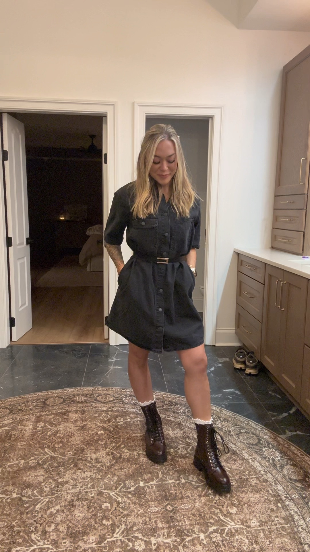 Date night🖤 my dress is Target but I guess the black is sold out now😭 in the S! Comes in denim & white currently on sale! Boots are Walmart, tts! 

Outfit idea / casual / comfy / cute / fall fashion / Holley Gabrielle / ootd

#LTKStyleTip #LTKFindsUnder100 #LTKVideo