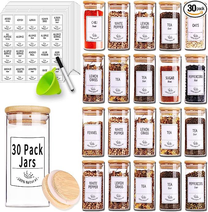 Churboro 30 Pcs Spice Jars with Label- Glass Spice Jars with Bamboo LIds and 400 Labels, 4 OZ Emp... | Amazon (US)