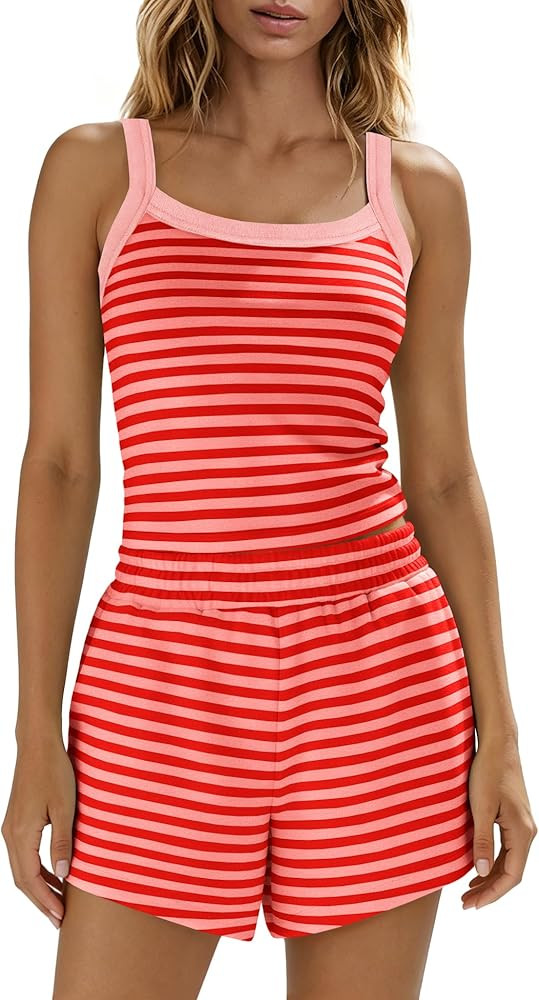 Panadila Women Striped Lounge Set 2 Piece Shorts Sets Spaghetti Strap Tank Top High Waisted Short... | Amazon (US)