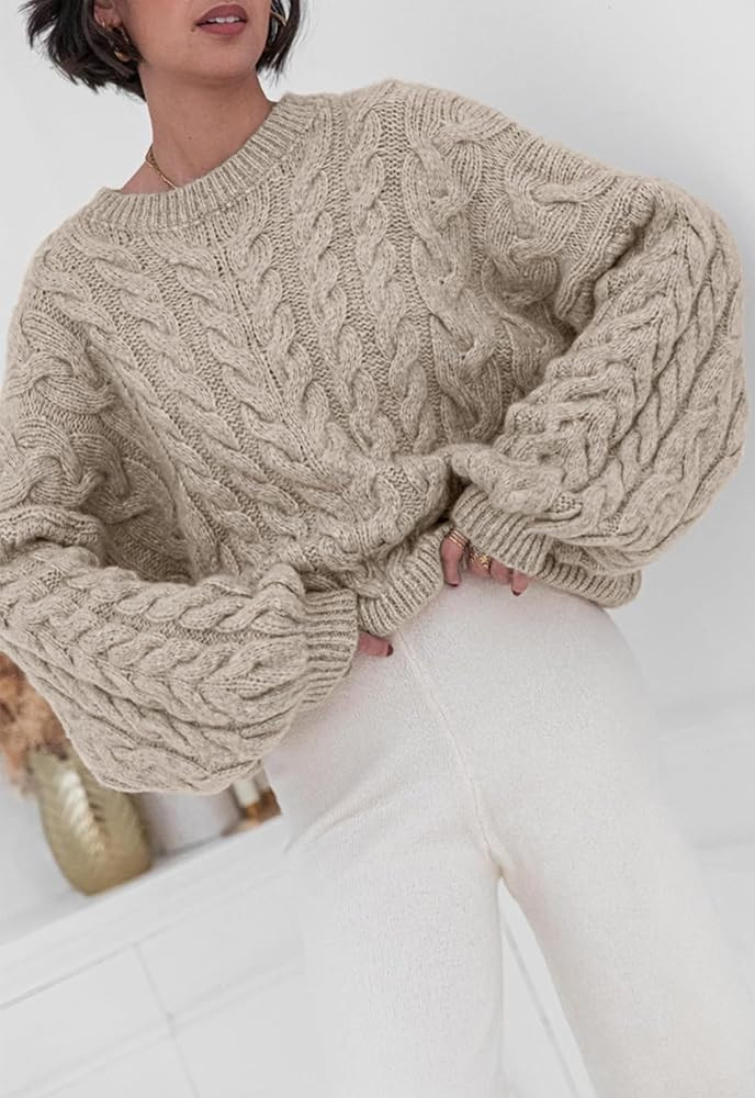 PRETTYGARDEN Womens Sweaters Spring 2025 Cable Knit Long Sleeve Crewneck Oversized Sweater Chunky... | Amazon (US)