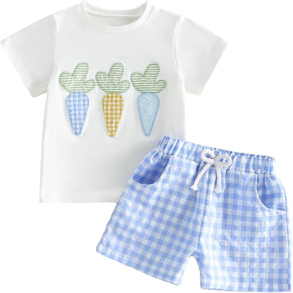 Toddler Baby Boy Girl Easter Outfits Short Sleeve Embroidery Carrot T-shirt Gingham Plaid Shorts ... | Amazon (US)