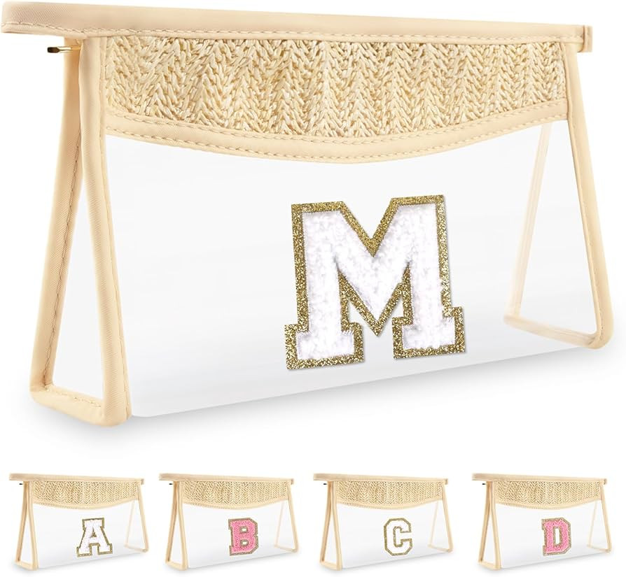 Personalized Initial Letter Bag Boho Straw Clear Makeup Bag,Small Cute Chenille Varsity Letter Ba... | Amazon (US)