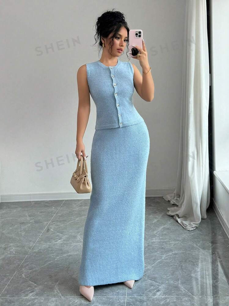 SHEIN Elenzya 2pcs Women's Elegant Solid Color Single-Breasted Sleeveless Sweater Cardigan And Ex... | SHEIN