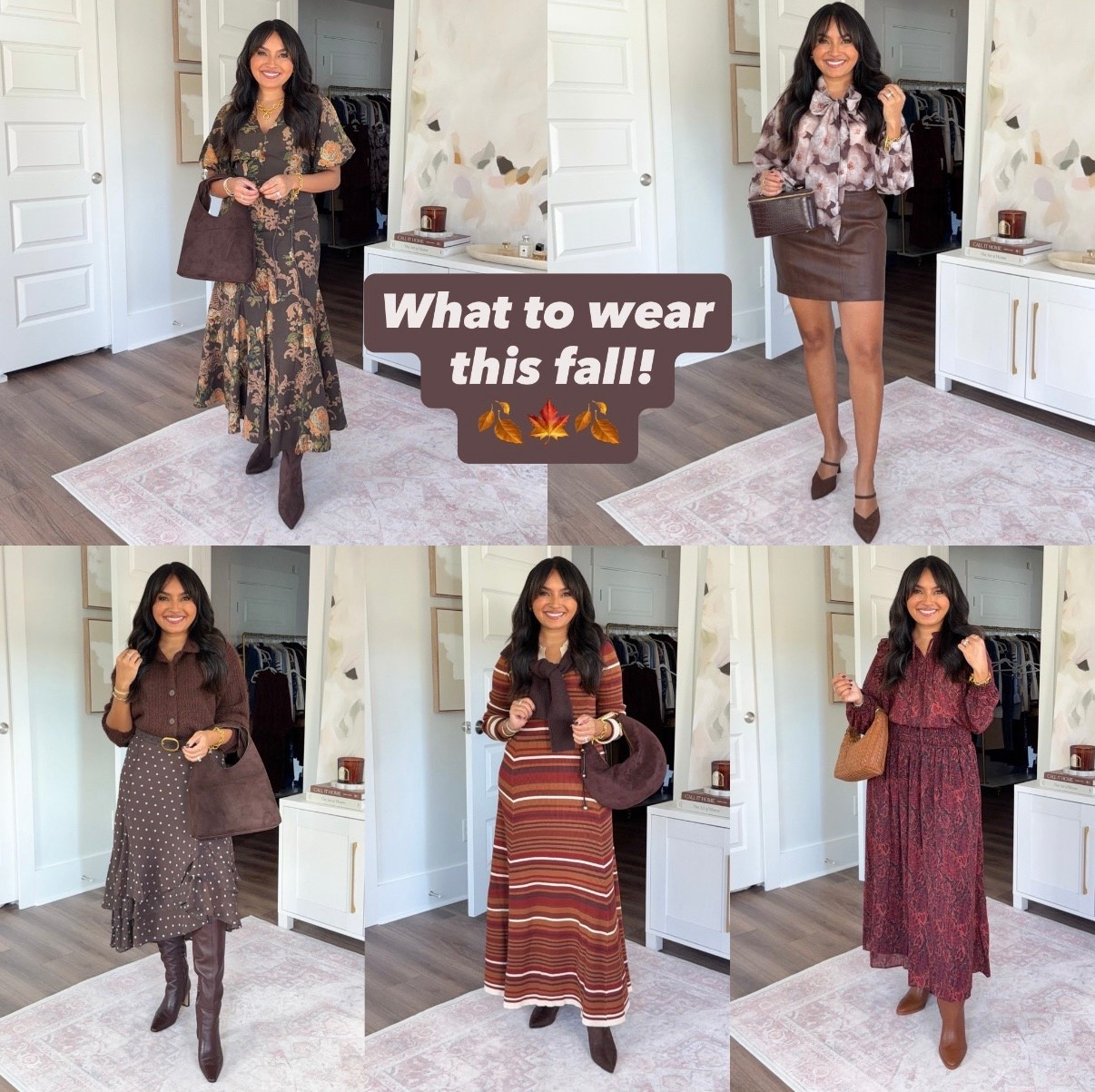What to wear this fall for Thanksgiving, friendsgiving, date night, winery, family photos, and brunch!
For reference: I’m 5’0, 32b bra size, and 2/26 in bottoms, pear shaped. 
*Everything I share is unaltered! TTS means true to size.

Brown floral dress size xs TTS
Brown spiced pecan boots size 5.5 TTS


Brown floral top size xs TTS
Brown faux leather mini skirt size small - runs a little big in the wais but fits my wider hips
Brown heels size 5 TTS

Brown cardigan size xxs TTS
Brown polka dot skirt size xs TTS
Brown spiced pecan boots size 5.5 TTS

Stripe dress size small TTS - fits like a maxi dress on me
Brown spiced pecan boots size 5.5 TTS

Red floral top size xs TTS
Red floral skirt size xs TTS
Chocolate leather boots size 5.5 TTS


fall outfit ideas
petite fall outfits
thanksgiving outfit
friendsgiving outfit
date night outfit
winery outfit
family photo outfits
brunch outfit ideas
fall capsule wardrobe
cozy fall outfits
petite fashion
fall outfit inspo
affordable fall fashion
neutral fall outfits
everyday fall outfits
Rachel Miranda Blog
Honeysweetpetite
Honey Sweet Petite


#LTKSeasonal #LTKPetite #LTKStyleTip