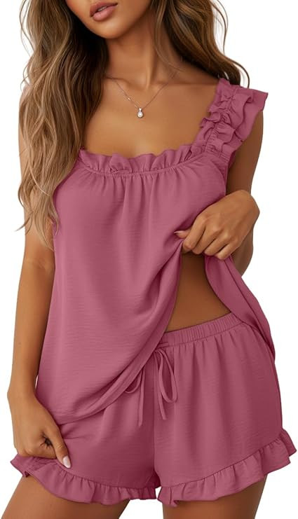 Lepunuo Pajamas for Women Summer 2 Piece Pjs Ruffle Tank Top Shorts Sleepwear Sets Cute Bridal Pa... | Amazon (US)