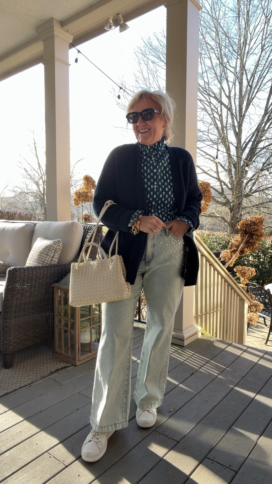 Pearl embellished jeans size 29 petite 
Blouse size medium 
Navy cardigan I’ll link similar it’s avail in a shorter version or long like this in a cable knit 
Comfiest white sneakers 

#LTKootd #LTKPetite #LTKOver40