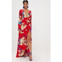Red Floral Print Kimono Maxi Dress | PrettyLittleThing US