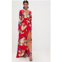 Red Floral Print Kimono Maxi Dress | PrettyLittleThing US
