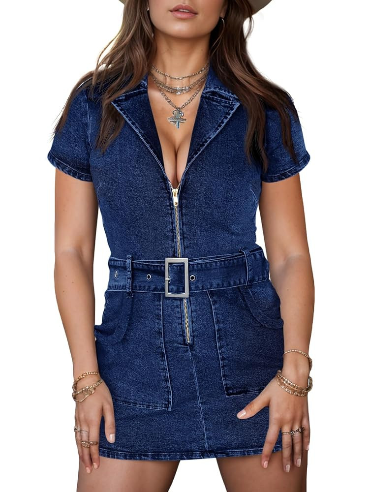 Wenrine Womens Summer Denim Dresses Bodycon Zipper Front Belted Sexy Mini Casual Dress with Pocke... | Amazon (US)