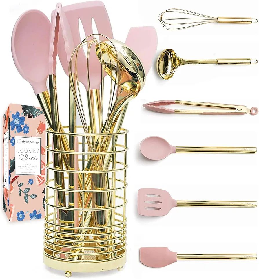 Gold & Pink Kitchen Utensil Set with Holder - Pink Cooking Utensils:Gold Whisk,Gold Ladle,Pink Sp... | Amazon (US)