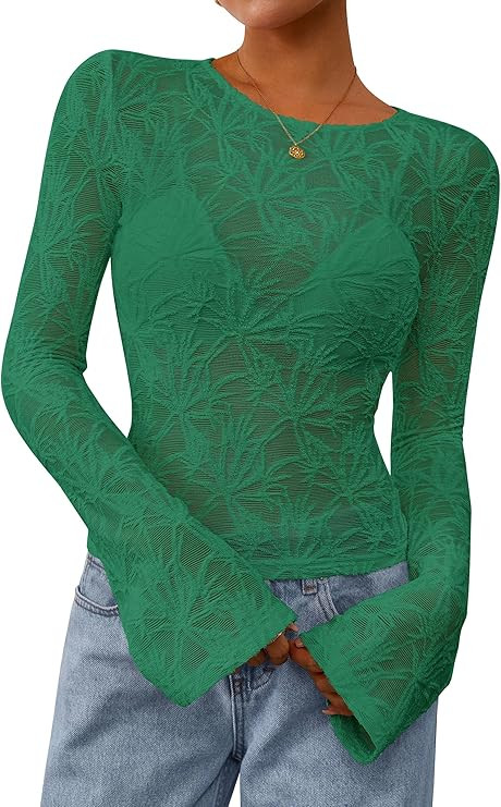 PRETTYGARDEN Womens Lace Long Bell Sleeve Tops 2025 Fall Sexy See Through Sheer Floral Blouse Shi... | Amazon (US)