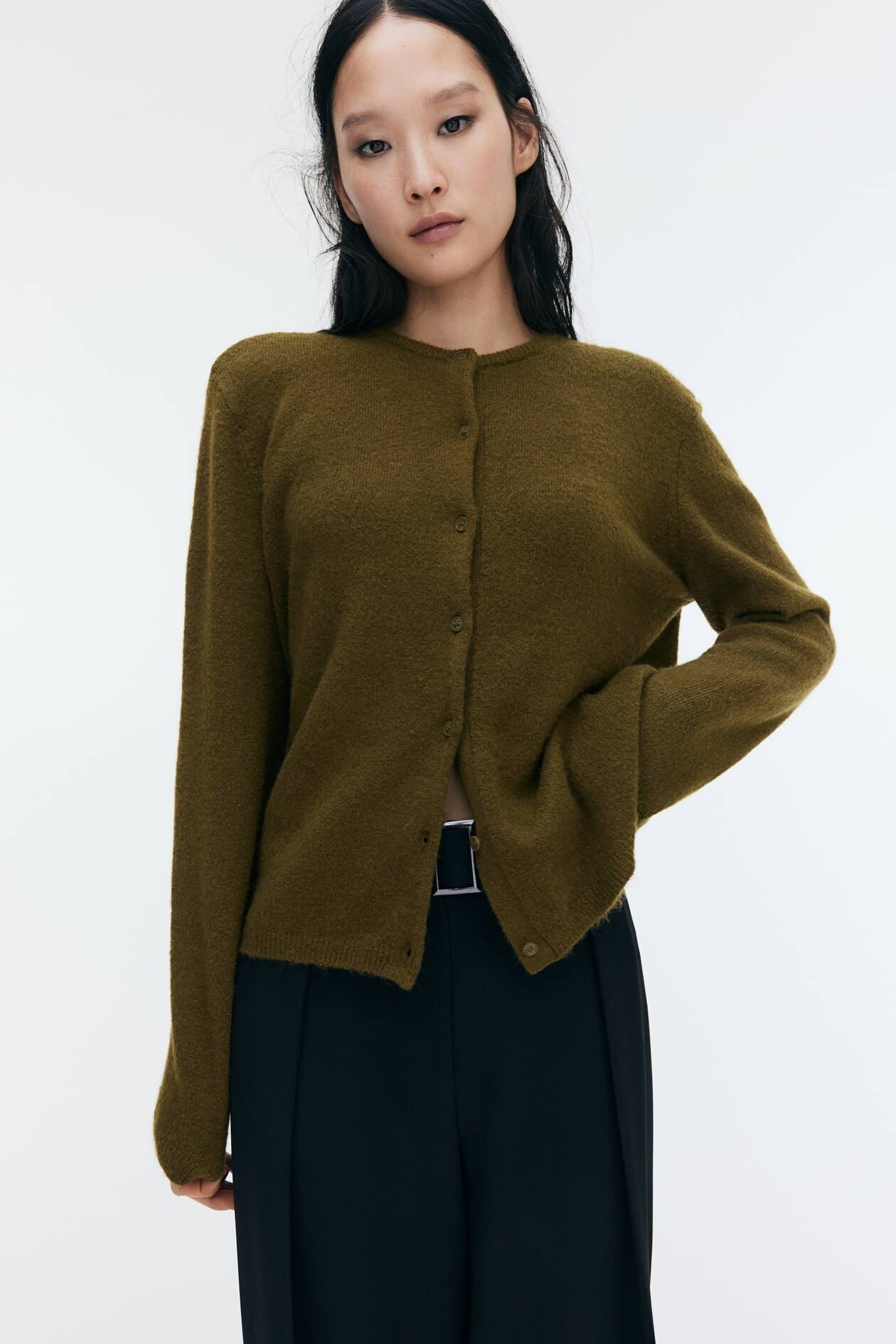 Loose-fit cardigan - Dark khaki green - Ladies | H&M GB | H&M (UK, MY, IN, SG, PH, TW, HK)