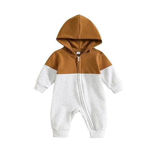 BemeyourBBs Newborn Baby Boy Clothes Color Block Long Sleeve Zipper Hooded Romper with Pocket Fall Winter One Piece Outfits (Color Block Brown, 6-12 Months) | Amazon (US)